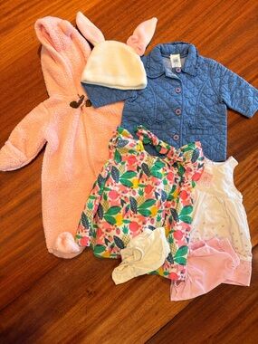 NB 0-3m Bundle April Cornell Girls Light Blue Quilted Jacket Dresses Footie